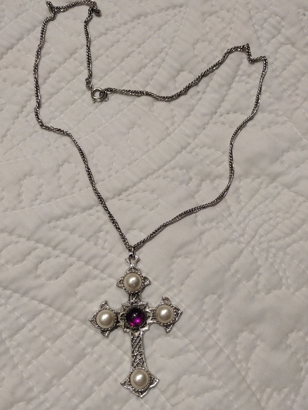 Silver Cross Pendant Necklace with Purple Stone and Pearl Accents - Vintage AVON